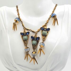 Deco Fringe Bib Opera Length Necklace Gold Tone Beaded Tassels Blue Opalescent